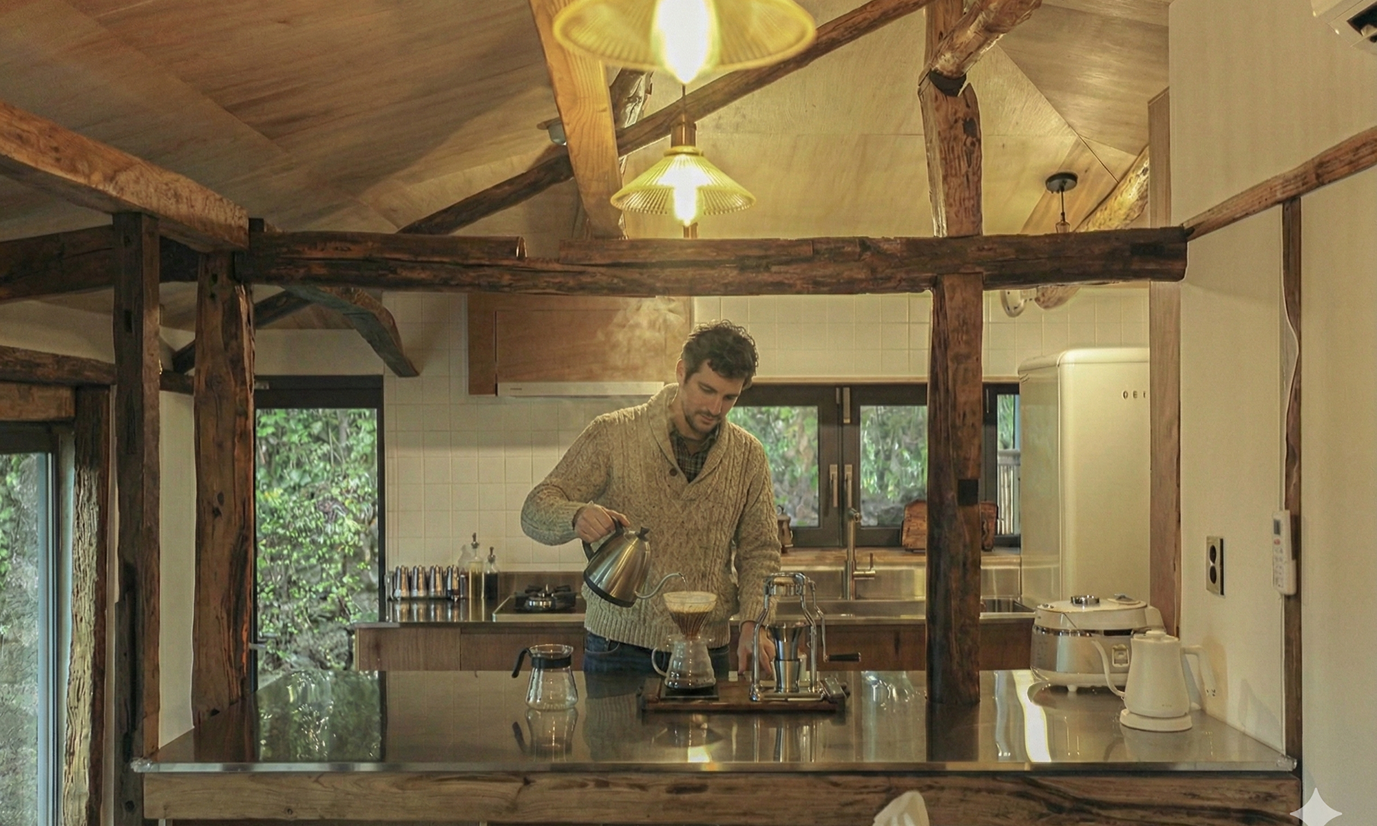 Brewing coffee in the living room